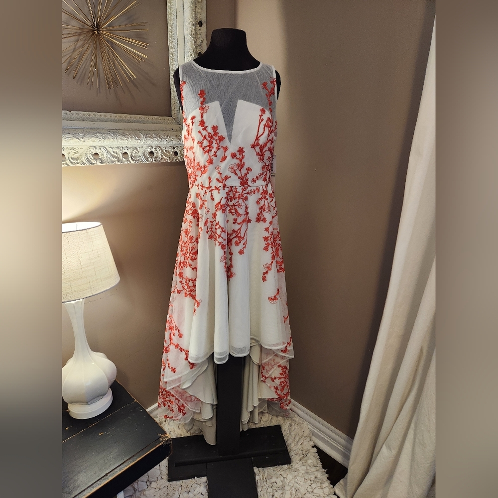 Nicole Miller NWT High-Low Dress with Coral Floral Embroidery